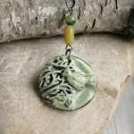 Bird Polymer Clay Pendant Necklace In Earthy Tones