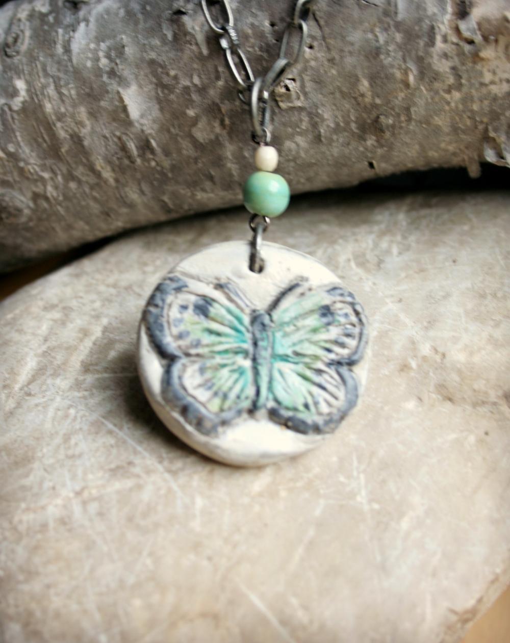 Butterfly Polymer Clay Pendant Necklace In Teal, Green, And Linen