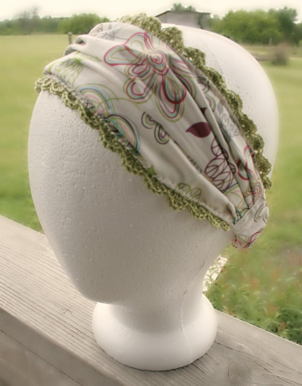 Wide Headband Floral Print Fabric With Crochet Lace Edging