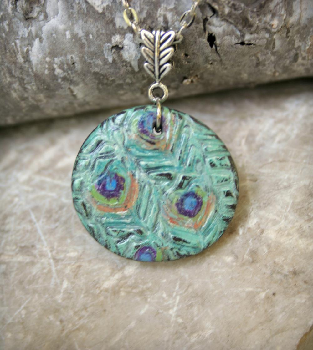 Peacock Feathers Polymer Clay Pendant Necklace