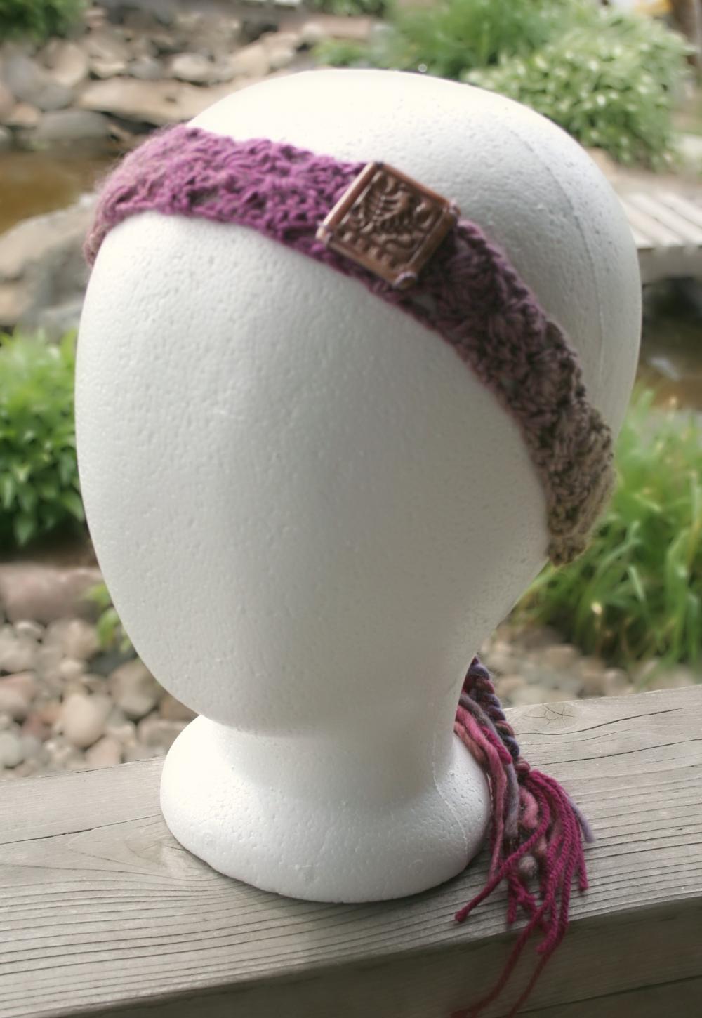 Crochet Hand Dyed Yarn Headband Wrap With Polymer Clay Button